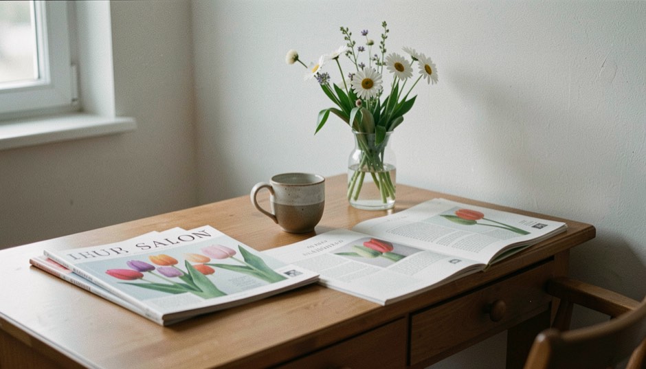 A quiet reading desk with tulip catalogues, a ceramic cup and a vase of simple spring flowers