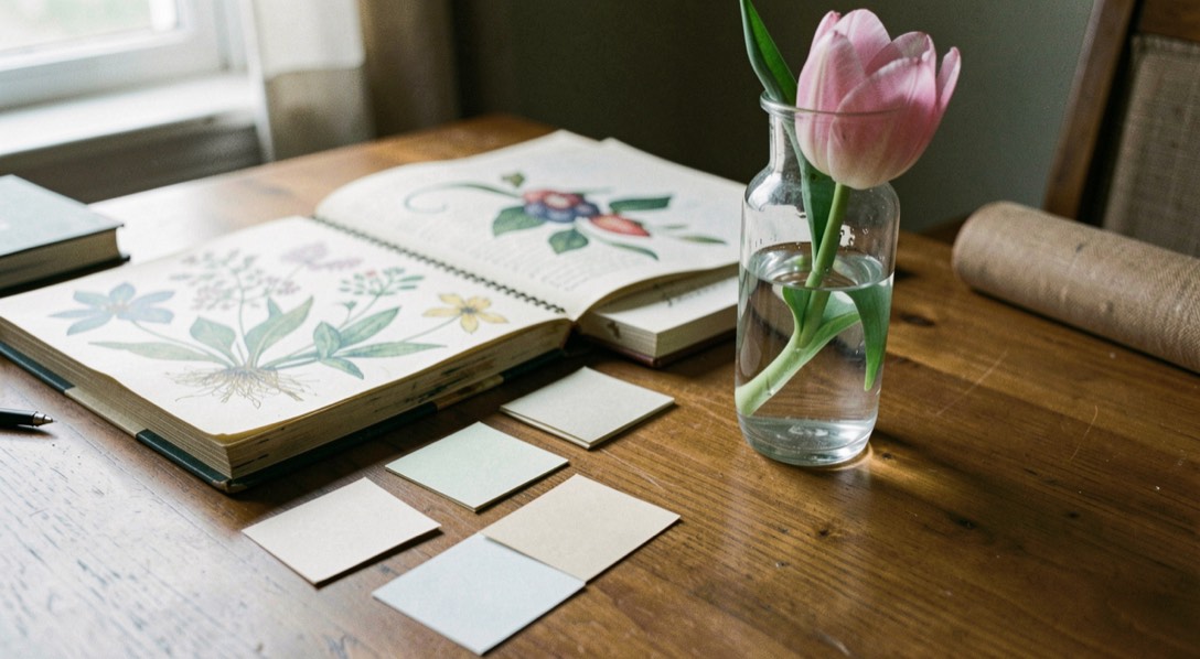 A writer's desk with source cards, a botanical book and one tulip specimen in a glass