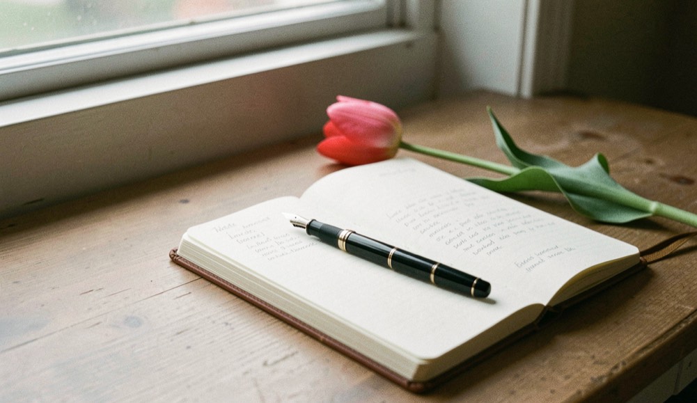 A fountain pen, open notebook and tulip stem beside a quiet window ready for an editorial note