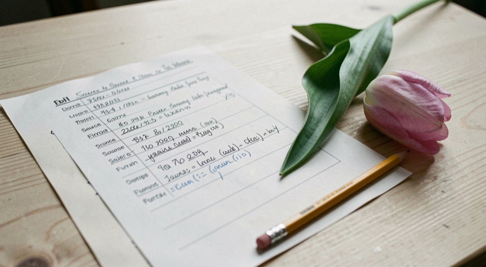 A marked source sheet, pencil and pressed tulip leaf on a pale wooden table