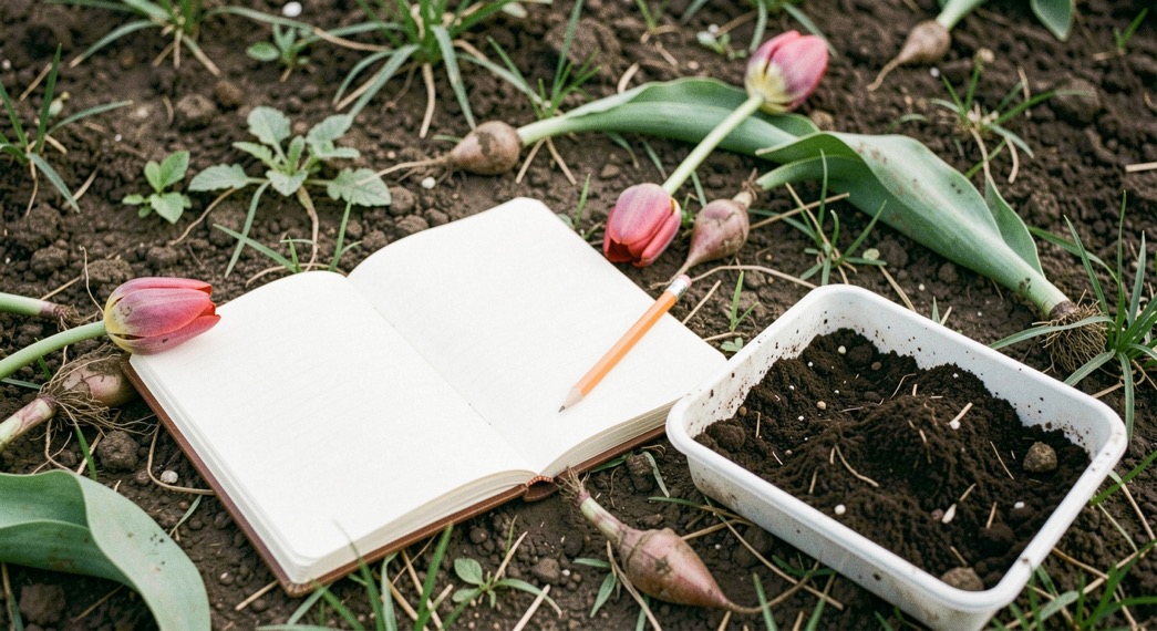 An open field notebook beside tulip bulbs, a pencil and a small tray of spring soil