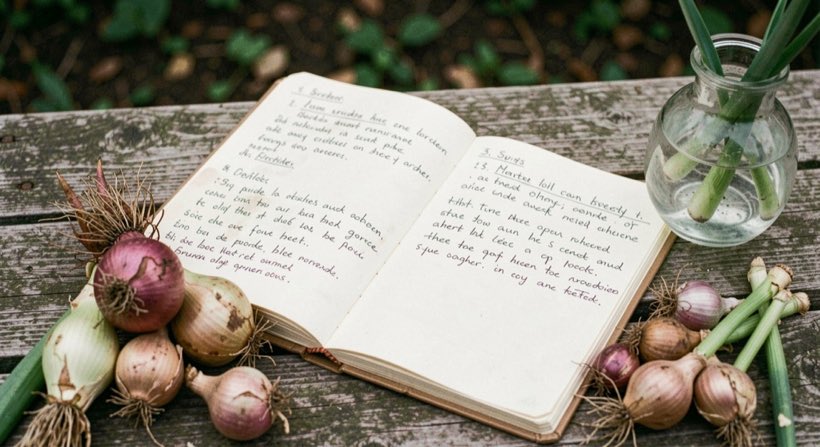 An open notebook with dated garden notes beside bulbs and a small spring vase