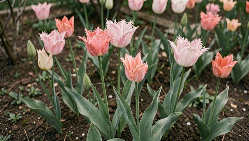 A garden bed holding tulips with simple, pointed, fringed and ruffled flower outlines