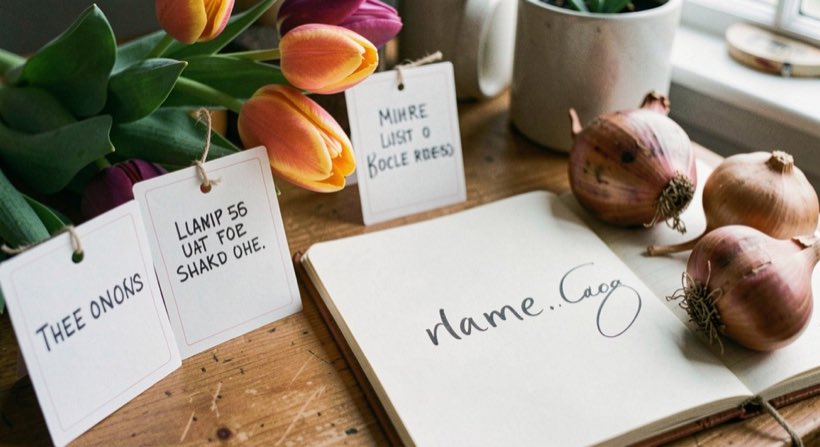 A desk-level scene with tulip labels, bulbs and a notebook arranged for a name check
