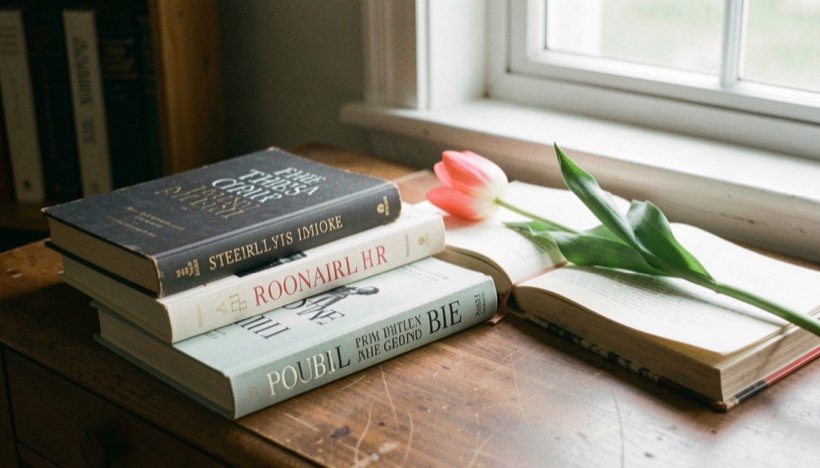 Reference books and a tulip specimen arranged on a reading desk
