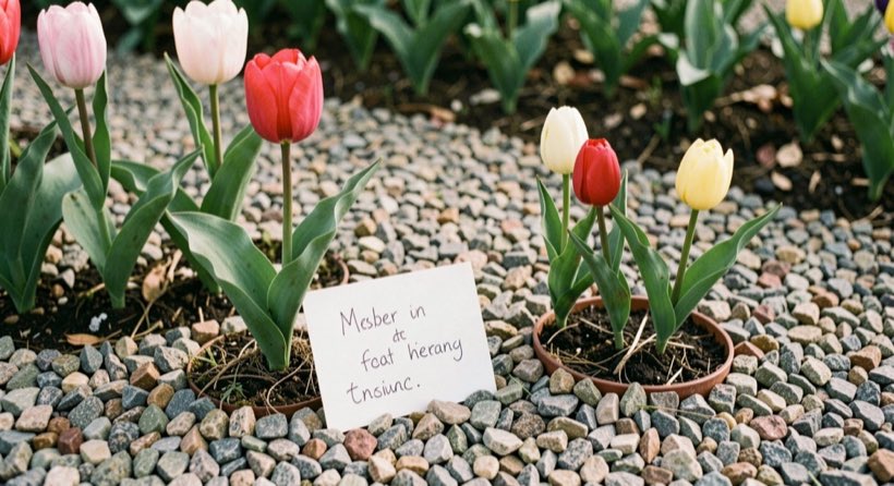 Small botanical tulips and a plant label arranged on gravel in gentle light