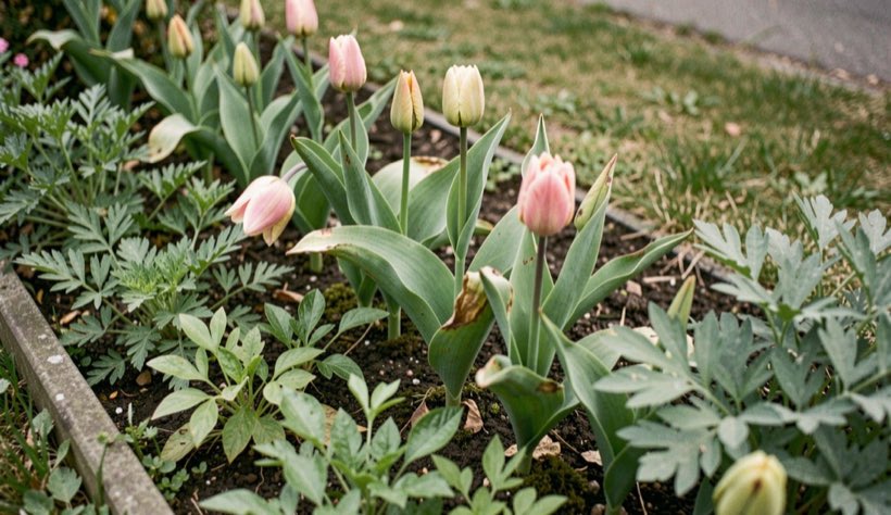 Tulip leaves fading naturally in a border beside fresh perennial growth