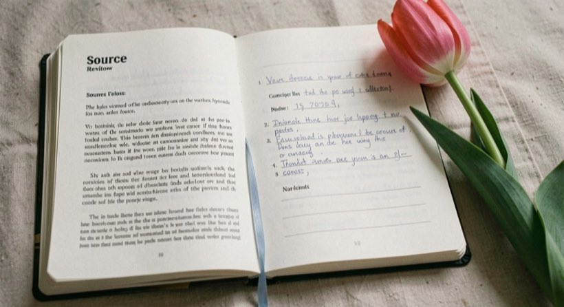 A notebook open to a dated source review beside a tulip stem