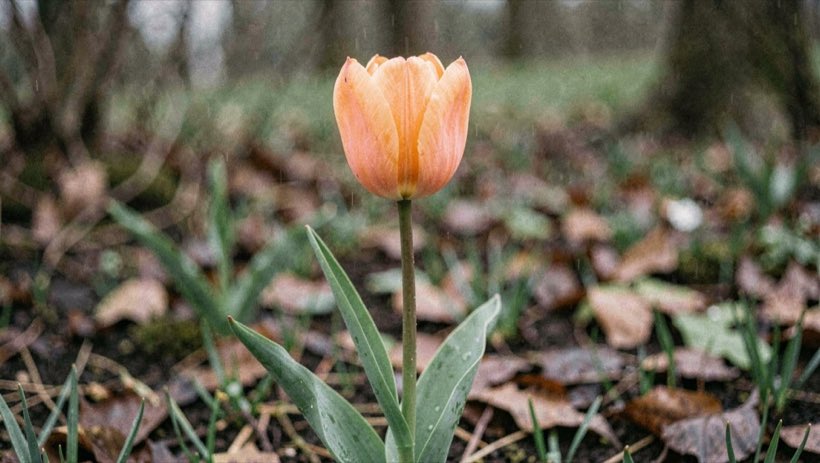 A single apricot tulip standing upright in a damp early spring bed