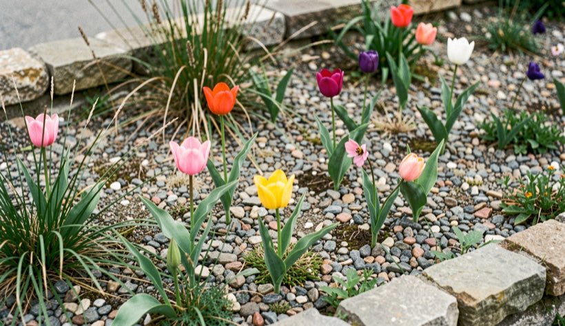 Small species tulips flowering among gravel, grasses and a low stone edge