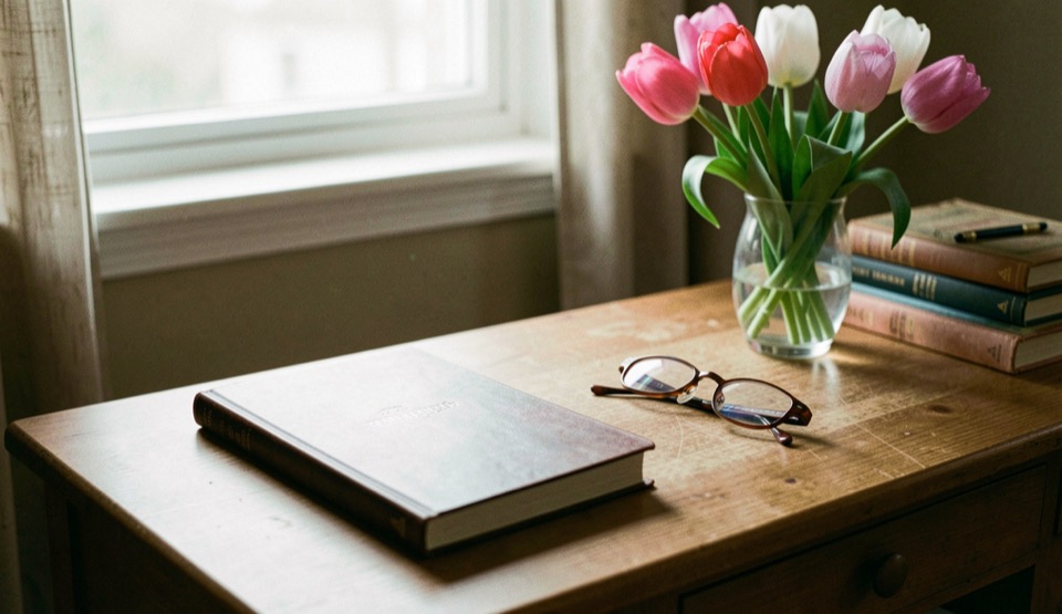 A tidy desk with a folded legal notebook, reading glasses and a vase of tulips in soft light