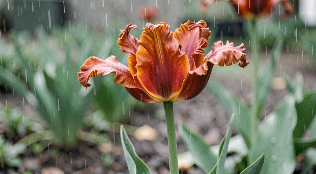 A ruffled parrot tulip with curled petals and a sturdy stem photographed after light spring rain