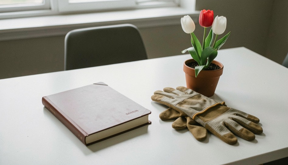 A closed notebook and garden gloves resting on a clean desk beside a small potted tulip