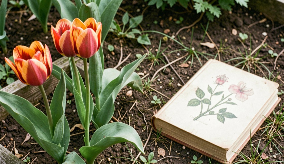 Flame-patterned tulips in an old garden border beside a closed book and a faded botanical print