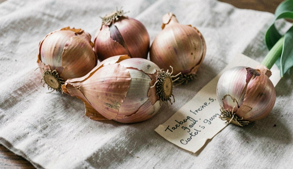 Several healthy tulip bulbs with papery skins and root plates resting on a linen cloth beside a label