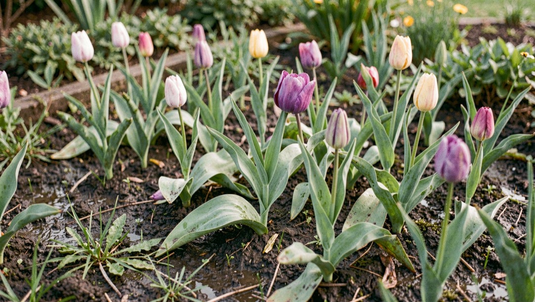 Tulip foliage settling after flowering in a mixed border, with damp soil and soft afternoon light