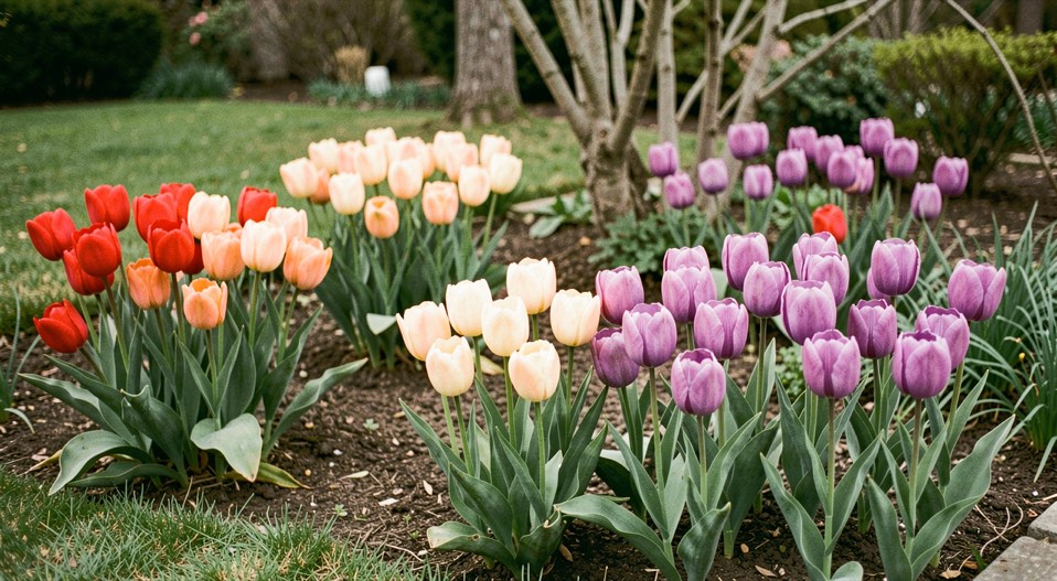 Red, apricot, cream and violet tulips arranged in separate natural clumps across a garden border