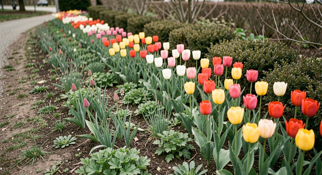 A long spring border layered with low, mid-height and tall tulips among emerging perennials