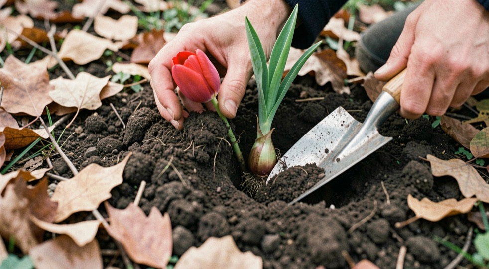 Hands placing a tulip bulb into dark crumbly soil beside a hand trowel and fallen spring leaves